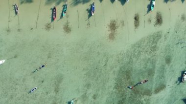 Phuket Tayland 'da denizde uzun kuyruklu balıkçı tekneleri olan tropikal deniz manzaralı.