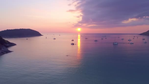 Colorful Sunset Sea Surface Sail Boats Aerial View Drone Fly — Stock Video