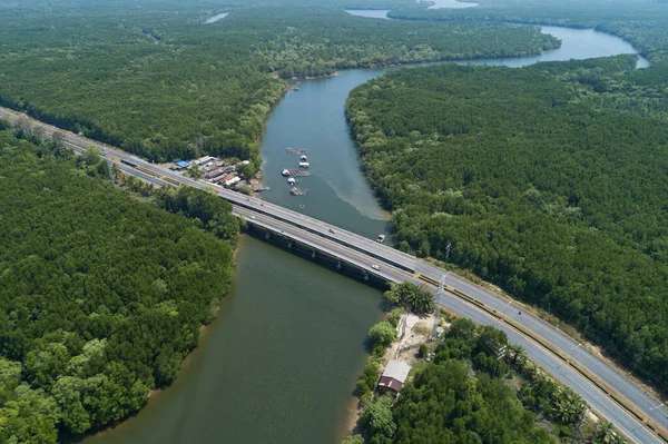 Aerial Top Drone Shot Bridge Cars Bridge Highway Road Landscape — Fotografia de Stock