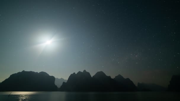 Stars Moon Rise Light Movement Time Lapse Scenic Mountains Lake — Stock Video