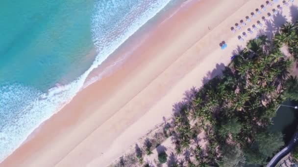 Luchtfoto Grote Golven Crashen Tegen Zandstrand Van Boven Prachtige Zee — Stockvideo