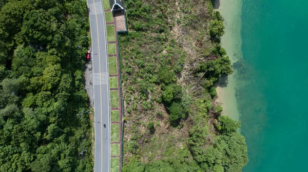Aerial View Top View Seashore Asphalt Road Curve Tropical Island — Stock Photo, Image