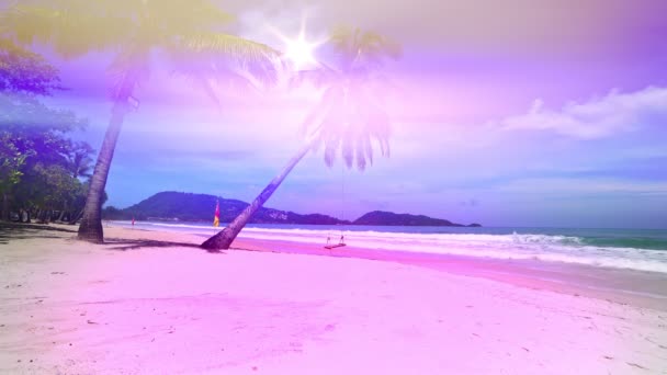 素晴らしい夏の海の背景 ピンクの砂浜の波の波は 空のビーチに対してクラッシュ — ストック動画