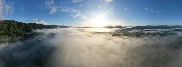Aerial View Panorama Flowing Fog Waves Mountain Tropical Rainforest Bird — Stock Photo, Image