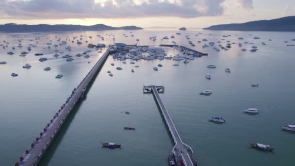 Phuket Sea Sunrise Sky Aerial View Chalong Bay Many Boats — Stock Video