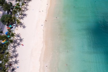 Hindistan cevizi palmiye ağaçlarının tepesinden aşağıya güzel patong plajı Phuket Tayland inanılmaz deniz kumsalı ve turist gezisi yeri andaman denizi üzerinde Güzel ada