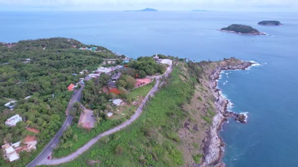 Vista Aérea Drone Disparo Promthep Cape Phuket Tailandia Hermoso Hito — Vídeo de stock