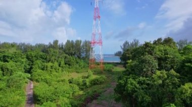 Ormandaki yüksek voltajlı çelik elektrik direkleri, yüksek voltajlı elektrik hattı kulesini destekliyor. Peyzaj doğa görünümünde elektrik kulesi hattı