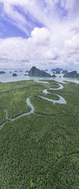 Sametnangshe 'nin Phang-nga Tayland' daki hava manzarası görüntüsü. İnsansız hava aracı deniz ve mangrov ormanları üzerinde uçuyor. Yüksek açılı manzara.