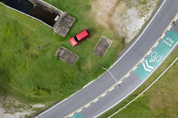 Aerial View Photo High Angle View Top Red Suv Car — 图库照片