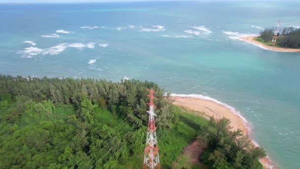 Aerial View High Voltage Steel Power Pylons Transmission Tower Supporting — 图库视频影像