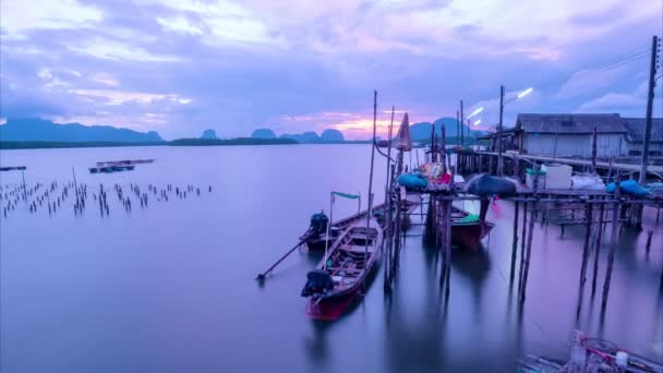 Timelapse Wooden Boat Longtail Fishing Boats Sunrise Sky Sea Phuket — Video