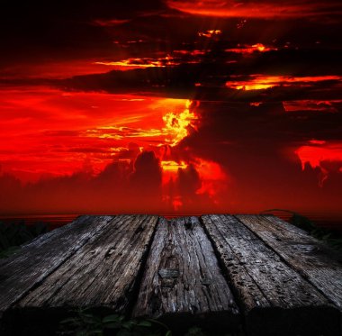 Halloween Background Old wooden floor with sunset sky background copy space