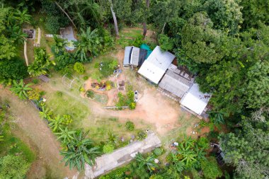Aerial view of small house with green lawn and flower garden surrounded by forest mountain