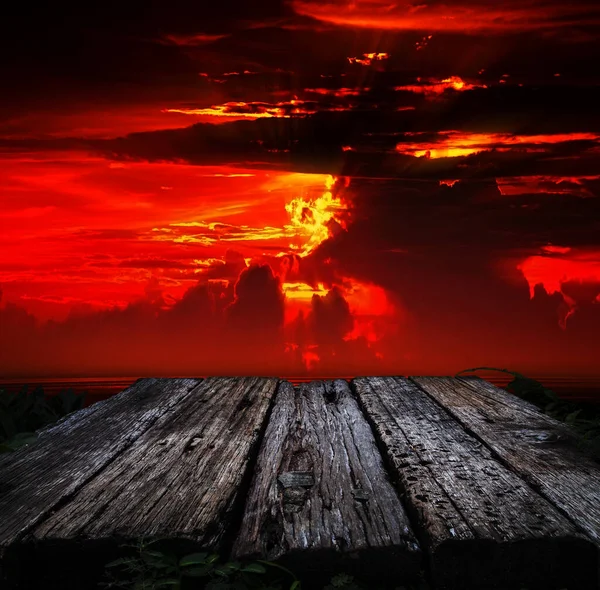 Halloween Background Old wooden floor with sunset sky background copy space