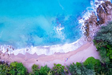 Top view aerial photo from flying drone of amazing beautiful sea beach landscape with turquoise water, Copy space for your advertising text message or promotional content,Travel and tour background