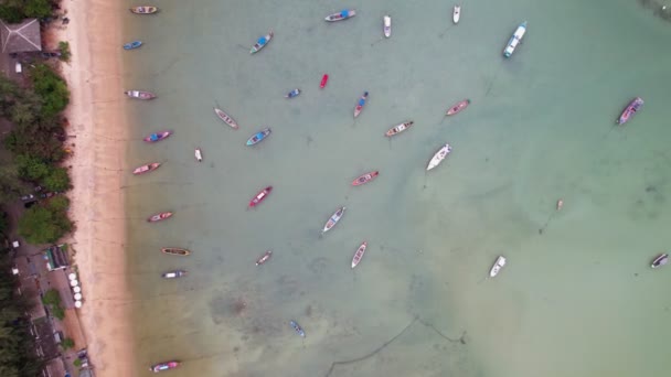 Hyperlapse Aerial View Top Longtail Fishing Boats Sea Moving Shot — Wideo stockowe