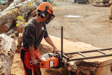 Oduncu tahta yapmak için ağaç gövdesini elektrikli testere ile kesiyor.