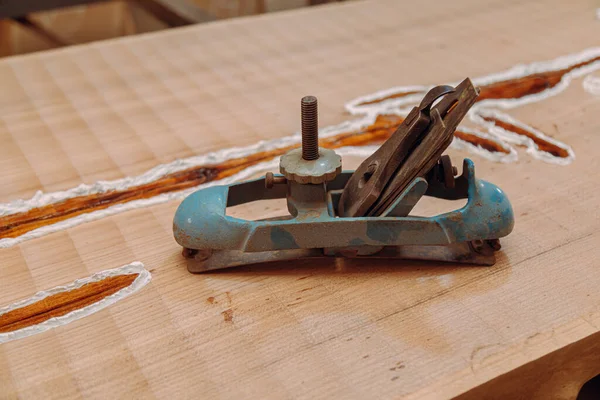 Antiguo Plano Unión Metálica Tendido Mesa Madera Herramientas Carpintería Sobre — Foto de Stock