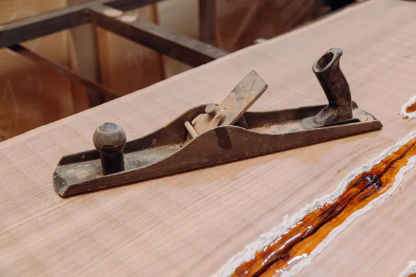 Antiguo Plano Unión Tendido Mesa Madera Herramientas Carpintería Sobre Mesa — Foto de Stock