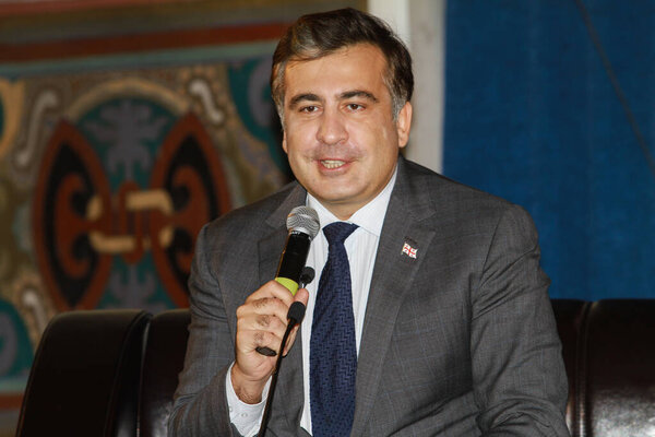 Bishkek, Kyrgyzstan - October 5, 2011: Mikheil Saakashvili speaking to students. The third president of Georgia