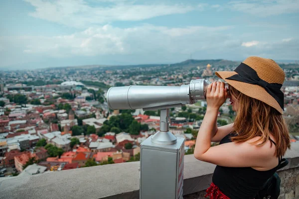 Woman Sun Hat Looking Binoculars Tbilisi City Georgia — стоковое фото