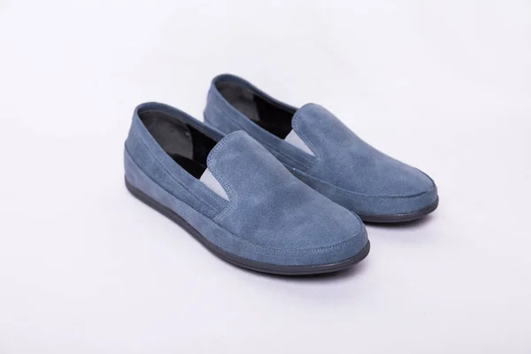 Men Sky Blue Nubuck Slip Ons Shoes White Background — Stock Photo, Image