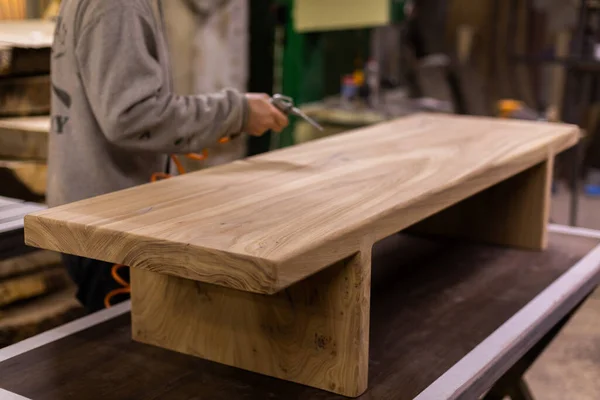 Man Blowing Dust Surface Wooden Table Workshop Handmade Wooden Product — Fotografia de Stock