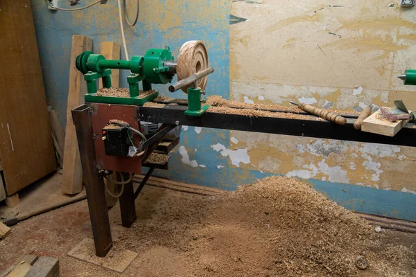 Lathe Machine Wooden Turning Blanks Workshop — Zdjęcie stockowe