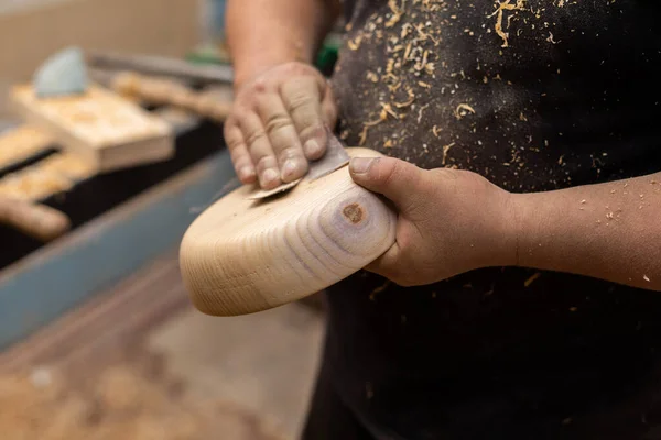 Closeup Person Sanding Wooden Product Using Sandpaper Lathe — Photo