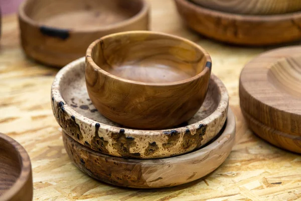 Handmade Wooden Bowls Table — стоковое фото