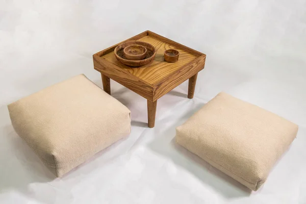 Wooden Nightstand Wooden Bowls Handmade Felt Pillows Isolated White Background — ストック写真