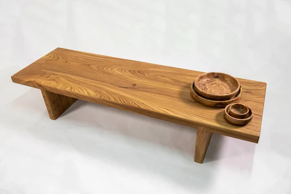 Brown Wooden Table Wooden Bowls White Background — ストック写真