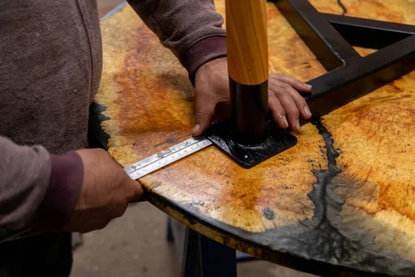 Closeup Person Measuring Distance Table Leg Iron Ruler — стоковое фото
