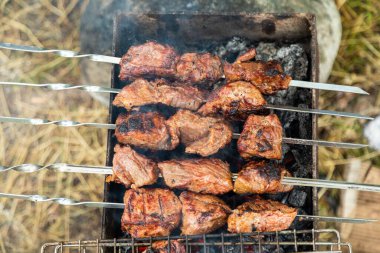 Yukarıdan aşağıya çelik şişler üzerinde sığır eti, yanan kömürle Brezilya 'da ızgara yapıyor. Açık hava barbekü partisi.