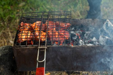 Izgara ızgara, kırmızı et ve alevli kömür. Açık hava barbekü partisi.