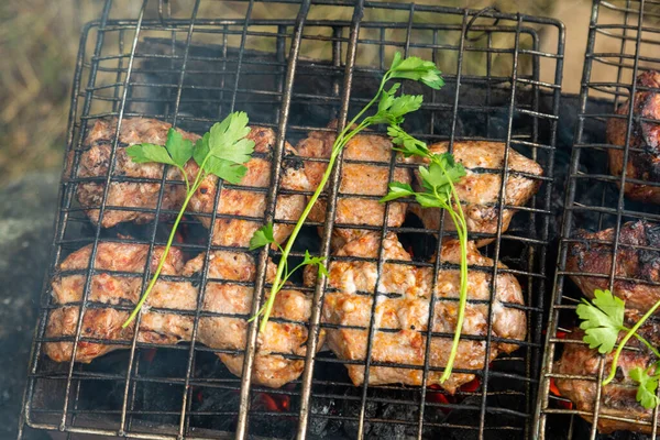 Grill Galler Med Nötkött Kött Fräs Med Flammande Kol Utegrill — Stockfoto