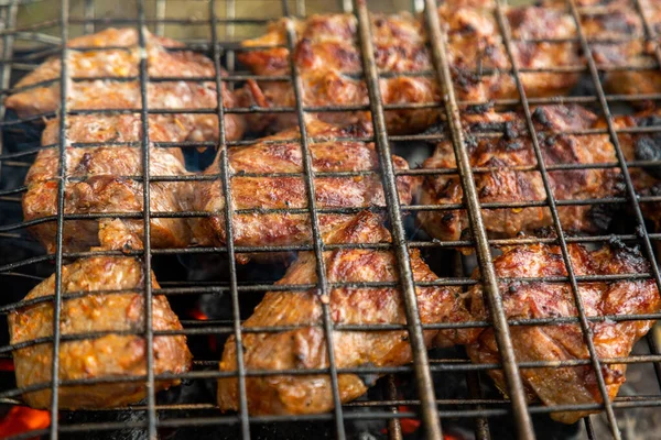 Izgara ızgara ızgarasını, ızgarada et ve yanan kömürle birlikte Brezilya usulü ızgara et ile kapatın. Açık hava barbekü partisi.