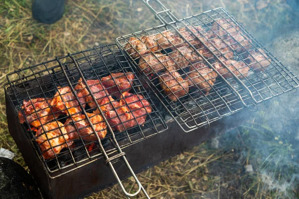 Auf Einem Kohlenbecken Mit Flammender Holzkohle Rindfleisch Grillen Grillparty Freien — Stockfoto