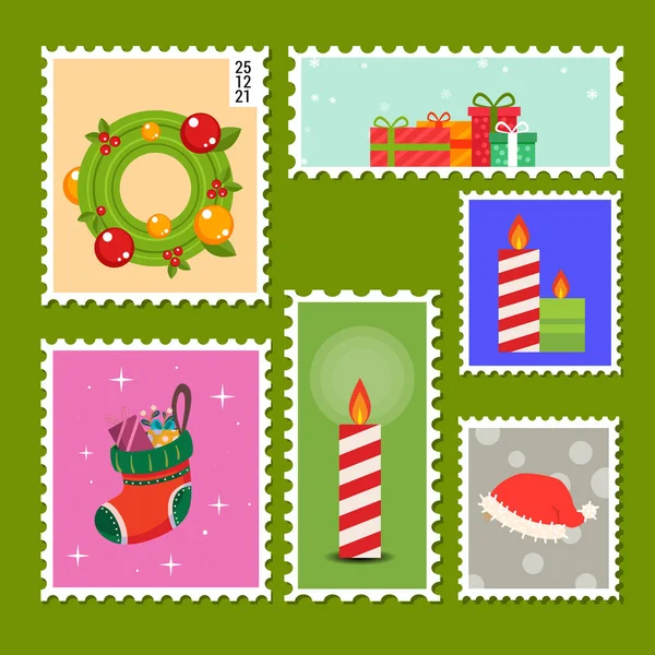 Set Sellos Postales Feliz Navidad Con Ilustraciones — Vector de stock