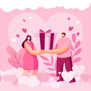 Çift Düz Tasarımlı Sevgililer Günü geçmişi. Hediye kutusu resimlerini tutan çift.