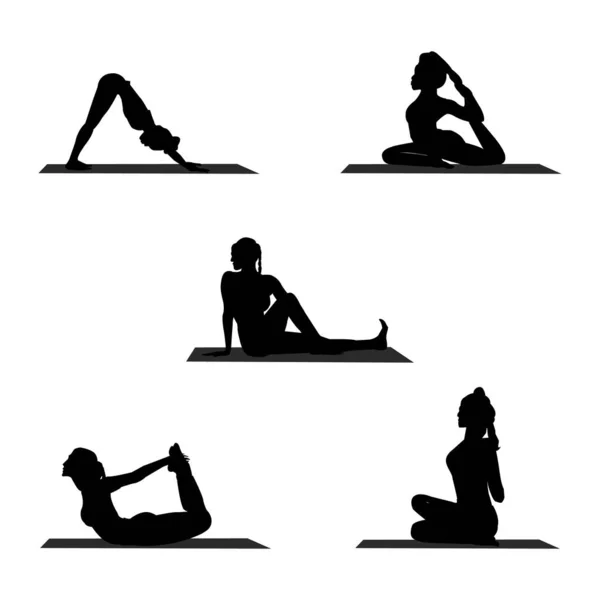 Set Silhouette Woman Different Yoga Pose Flat Illustration — Wektor stockowy