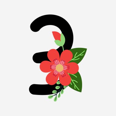 Floral hand-drawn three-number alphabet flat design