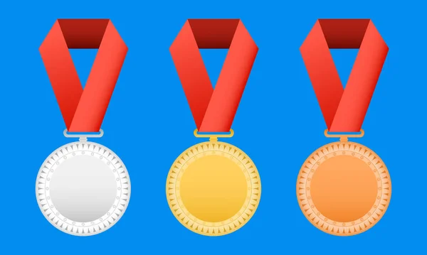 Золотые Серебряные Бронзовые Медали Чемпион Лауреат Медали Лентой — стоковый вектор