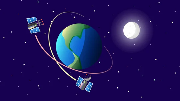 Las Tierras Con Satélites Órbita Una Luna Llena Iluminando Fondo — Vector de stock