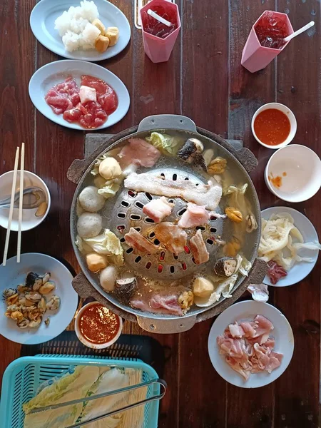 Rind Und Schweinebraten Auf Dem Grill Thailändisches Essen — Stockfoto