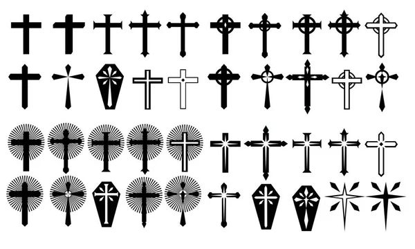 Set Christian Cross Vector Symbol Flat Outline Style — Stock Vector