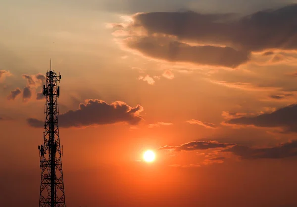 Transmission Tower Sunset Evening Wide Sunset View Signal Tower Telecommunication — Stock Photo, Image