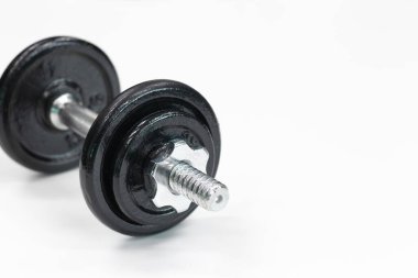 Close-up of a black adjustable dumbbell with chrome handle and threaded collars on a white background. Perfect for strength training, home gym setups, and fitness routines