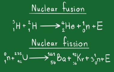 Nükleer fisyon ve nükleer füzyon denklemi fizik ve kimya tahtasında, yeşil tahta, fiziksel kimya, arka plan 